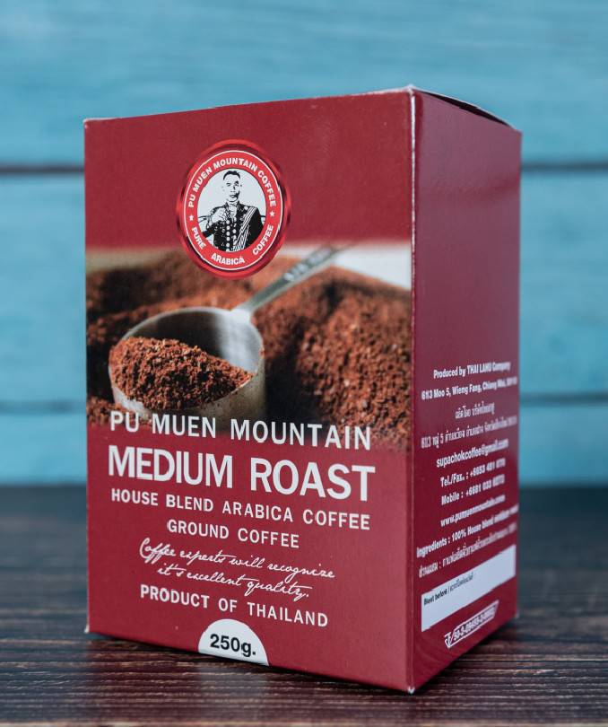 กาแฟอาราบิก้าแท้ คั่วระดับกลาง แบบบด (ตราดอยปู่หมื่น) 250 กรัม Arabica ground coffee medium roast (Doi Pumuen Brand) 250g