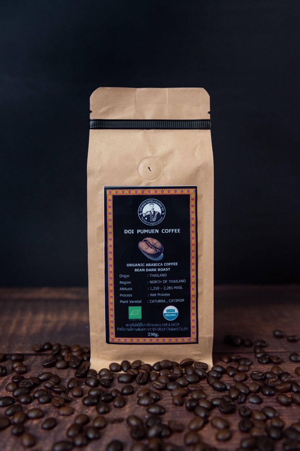 เมล็ดกาแฟอราบิก้าแท้ ออร์แกนิค คั่วเข้ม (ตราดอยปู่หมื่น) 250 กรัม Organic arabica coffee beans dark roasted (Doi Pumuen Brand) 250g