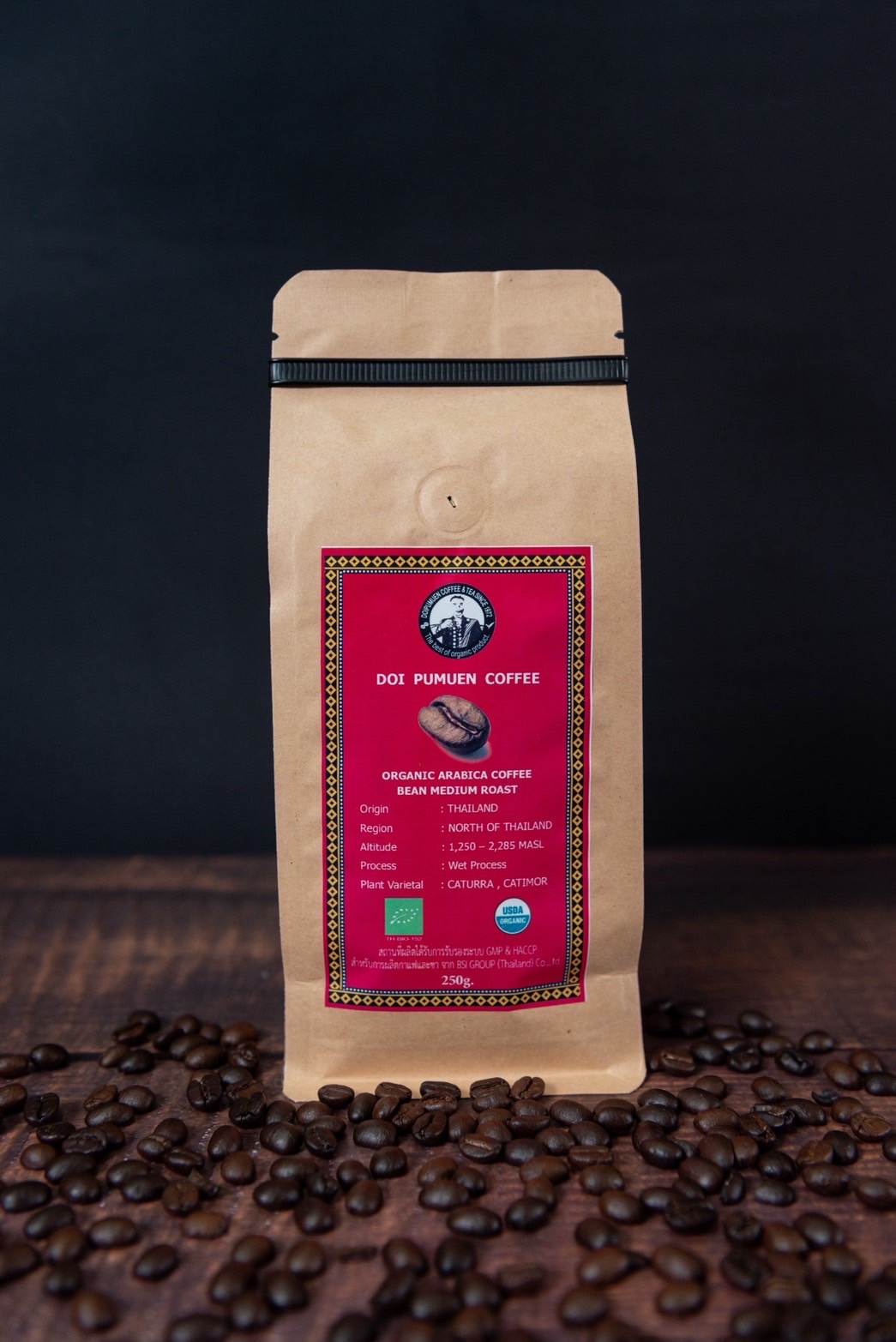 เมล็ดกาแฟอราบิก้าแท้ ออร์แกนิค คั่วกลาง (ตราดอยปู่หมื่น) 250 กรัม Organic arabica coffee beans medium roasted (Doi Pumuen Brand) 250g